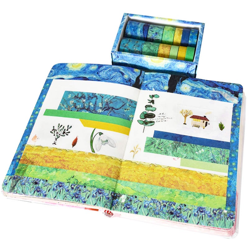 DAPUTOU Washi Tape Set of 12 Rolls Van Gogh Starry Night Decorative Green Leaves Floral Blue Yellow Washi Masking Tape Sets for Craft Kids Scrapbook DIY Gift Wrapping(Yellow) - Image 4